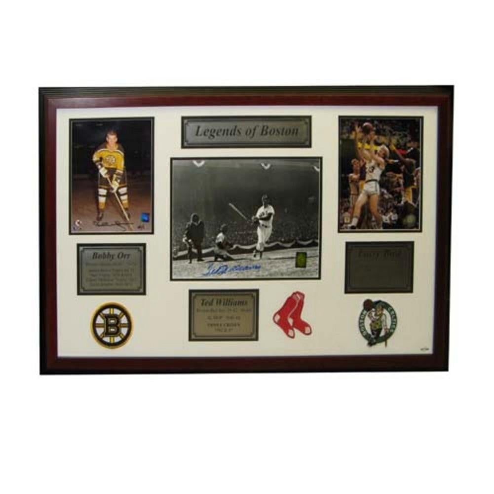 Autographed Legends Of Boston Framed Collage Bobby Orr-Ted Williams Larry Brid
Contains 8x10s of the 3 players in New England that we all know and lov