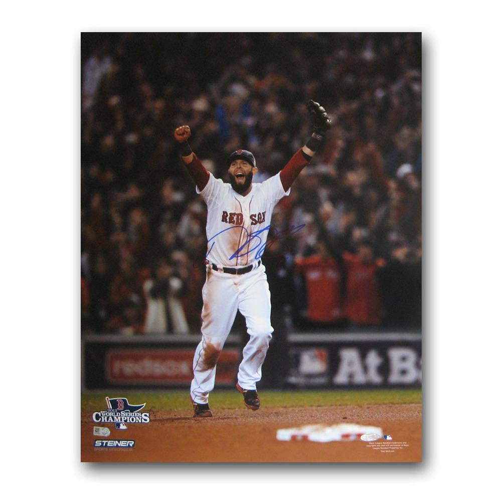 Autographed Dustin Pedroia 2013 World Series Unframed 16x20 last out celebration photo.