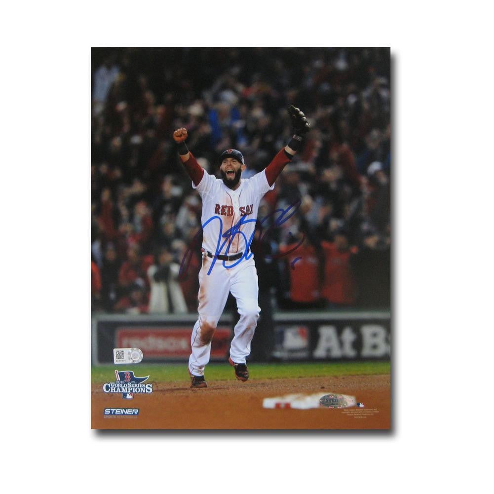 Autographed Dustin Pedroia 2013 World Series Unframed 8x10 last out celebration photo.