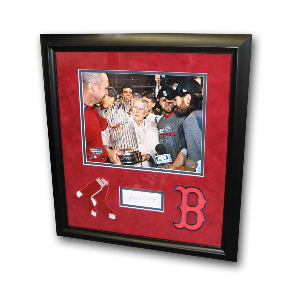 Autographed Johnny Pesky Index Card Framed With Black And White 8X10 Photo And 2 Red Sox Patches