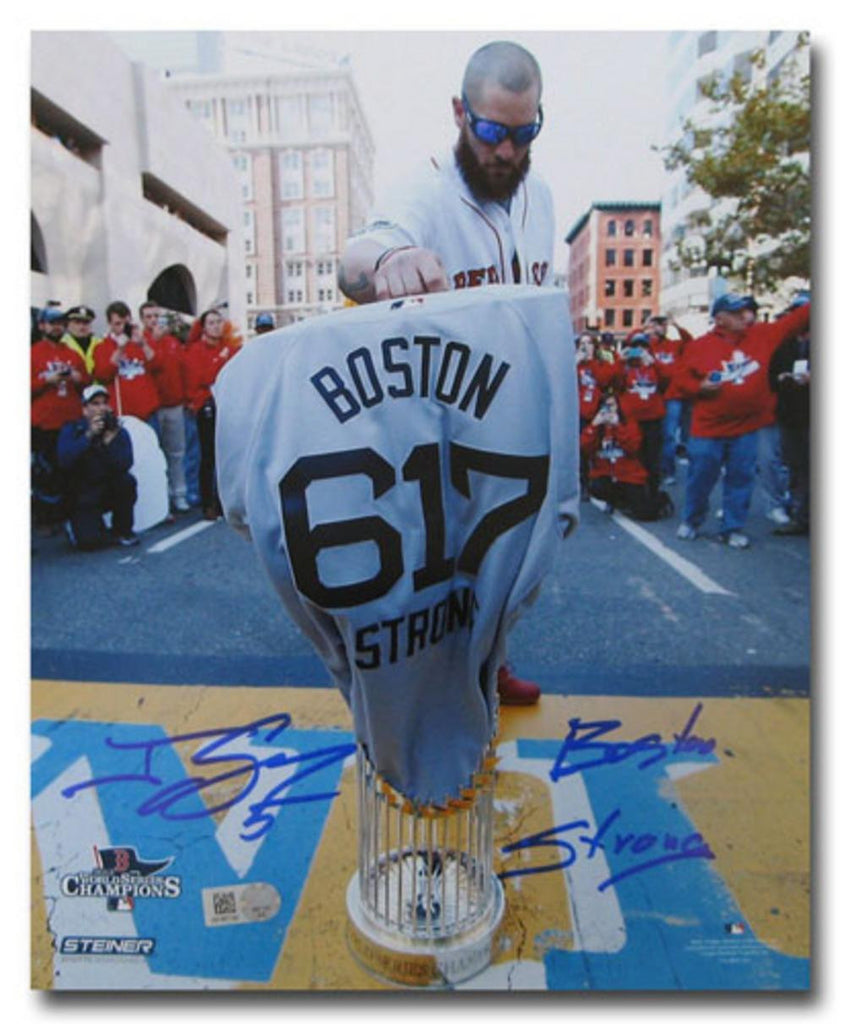 "Autographed Jonny Gomes 8x10 Framed Boston Marathon Finish Line Photo Inscribed ""Boston Strong""."