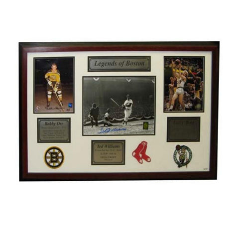 Autographed Legends Of Boston Framed Collage Bobby Orr-Ted Williams Larry Brid
Contains 8x10s of the 3 players in New England that we all know and lov