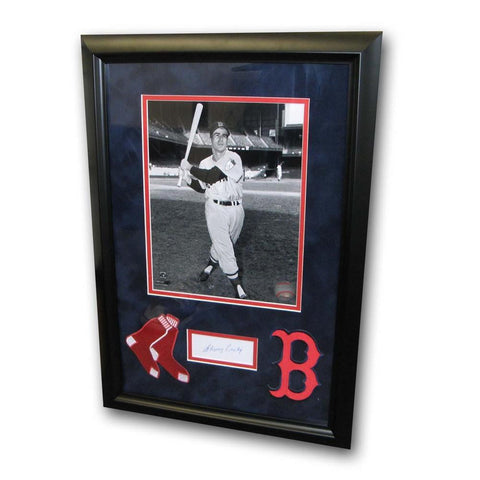 Autographed Johnny Pesky Index Card Framed With Black And White 8X10 Photo And 2 Red Sox Patches