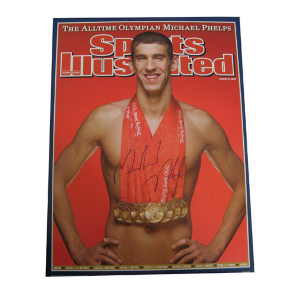 Autographed Michael Phelps Sports Illistrated Cover With His 8 Gold Medals From The 2008 Olympics