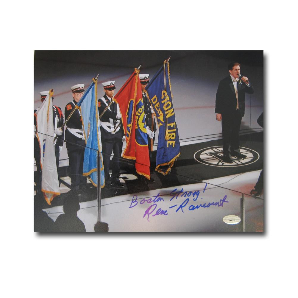Autographed Rene Rancourt 8x10 unframed photo inscribed Boston Strong. Sports Images is giving ALL the profits and more and this even
