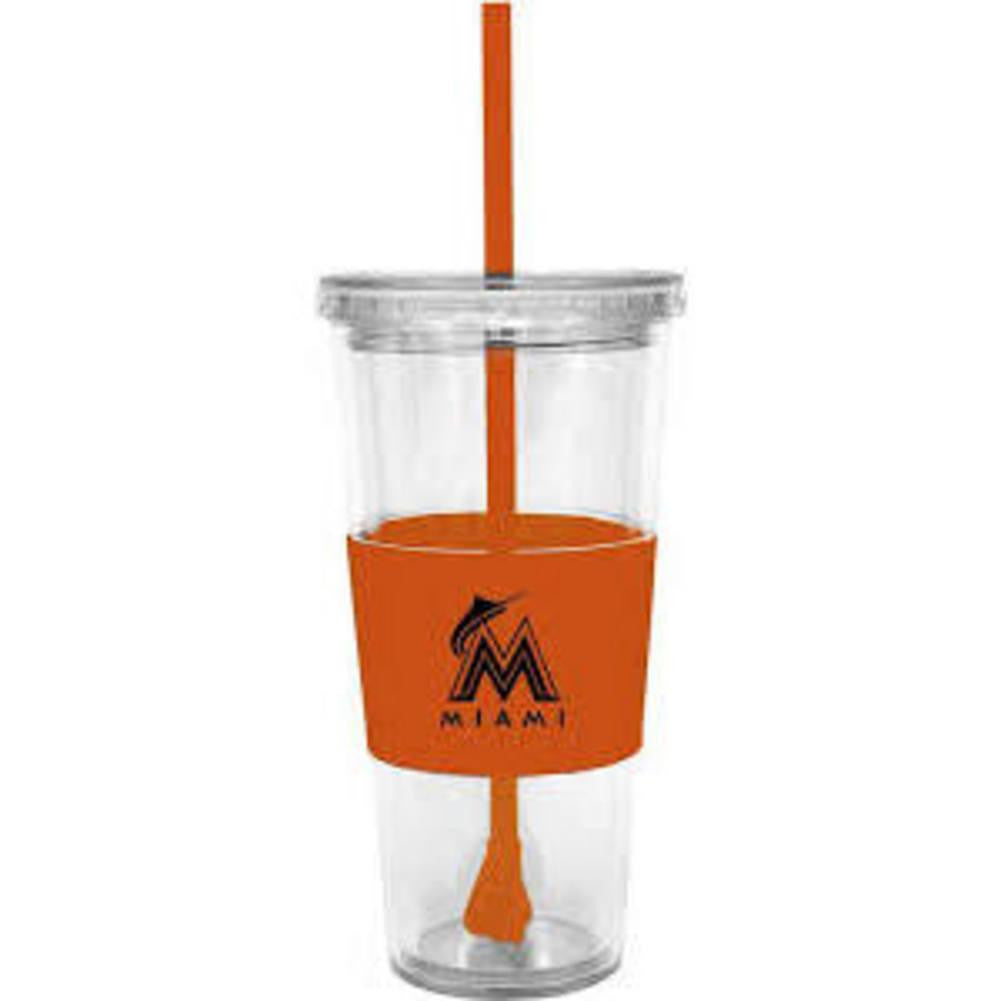 MLB Miami Marlins 22 Ounce Insulated Tumbler With Rubber Sleeve And Stir Straw