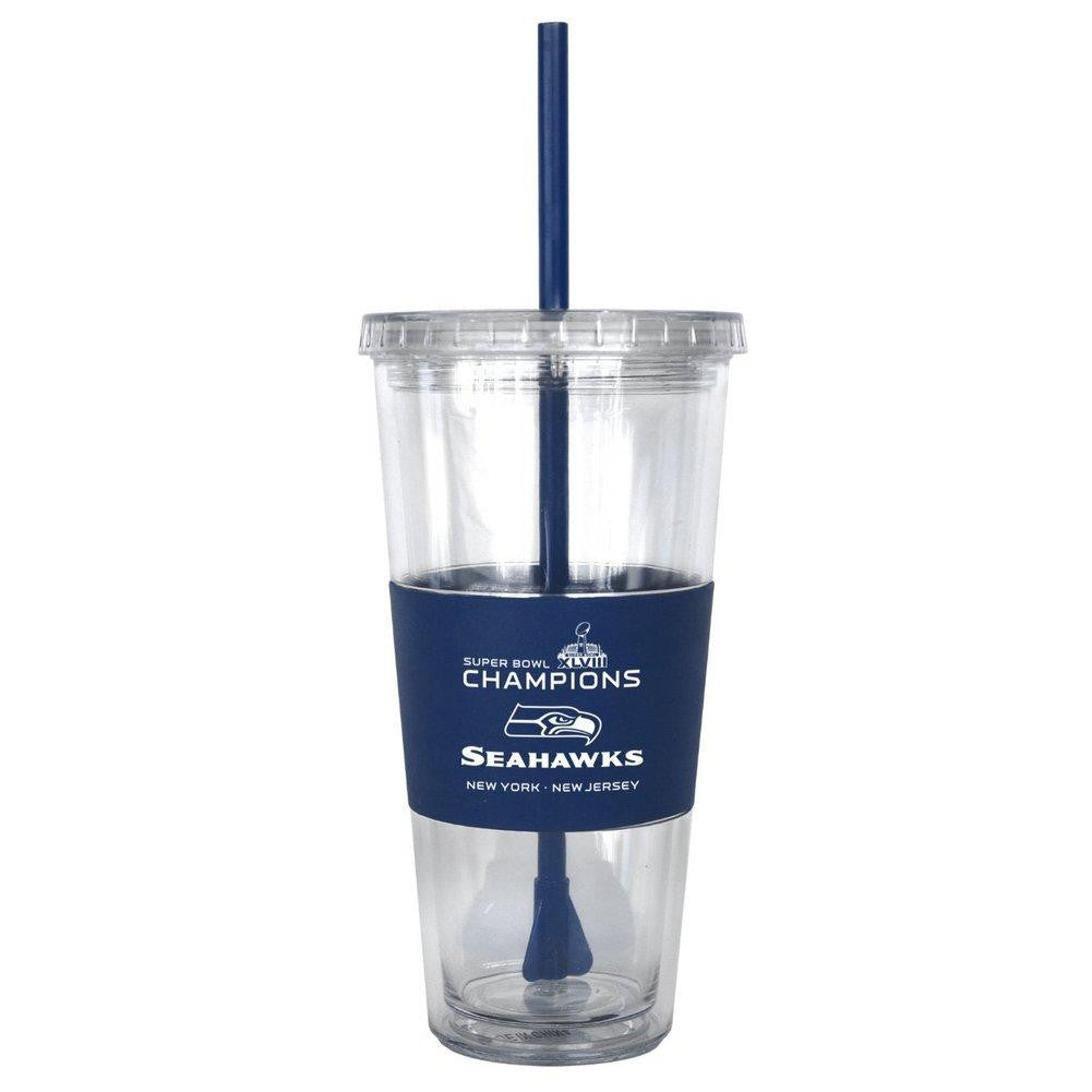 NFL Super Bowl 48 Champs Seattle Seahawks Tumbler with Neoprene Sleeve and Straw  22-Ounce