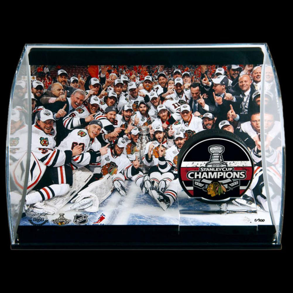 Chicago Blackhawks Stanley Cup Champions Horizontal Curve Display With Commemorative 8X10 And Puck 77472