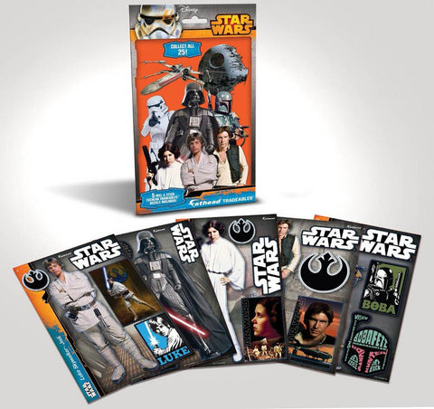 5 randomly selected 5x7 inch, peel & stick Star Wars tradeables per pack. Collect all 25!