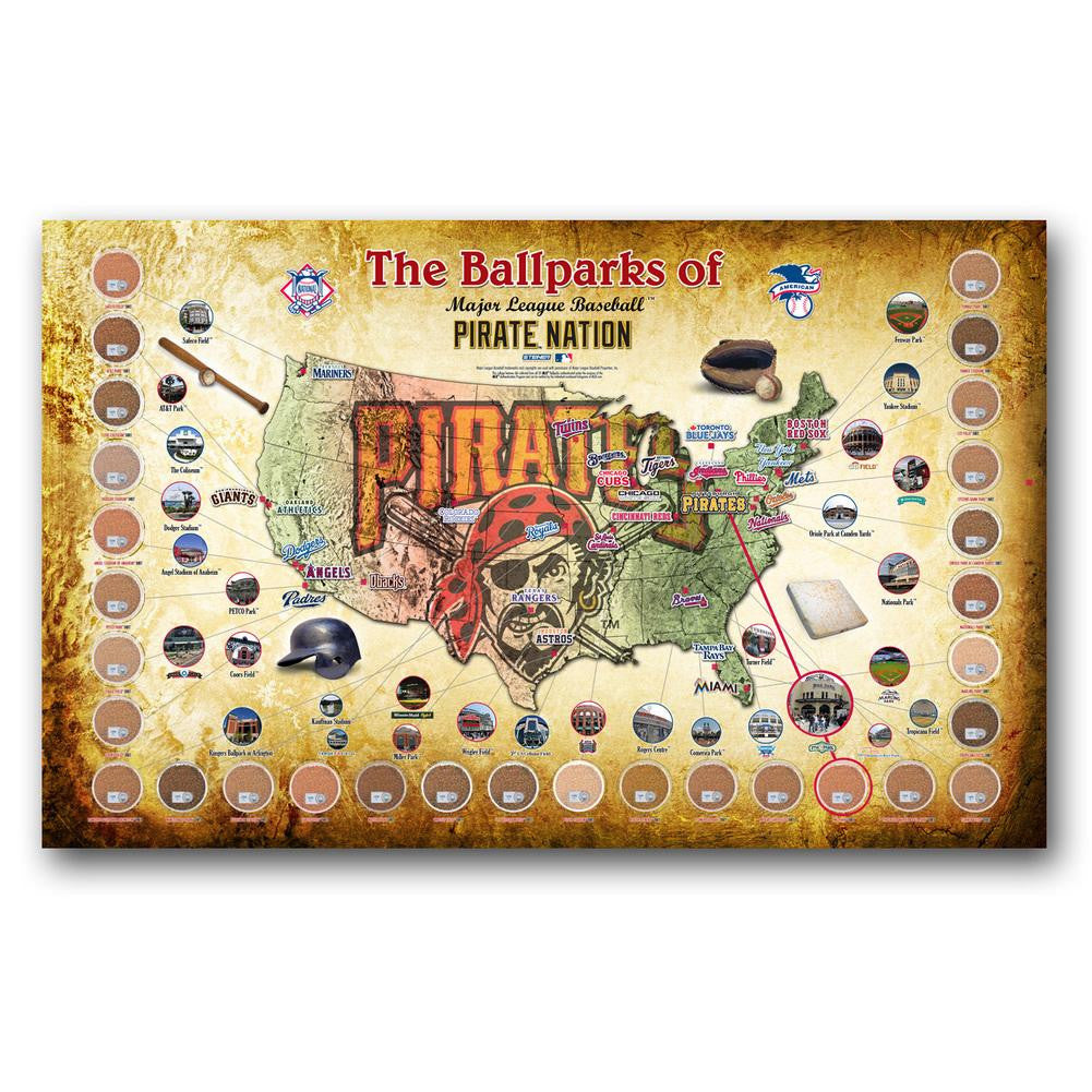 Major League Baseball Parks Map 20x32 Framed Collage w- Game Used Dirt From 30 Parks - Pirates Version