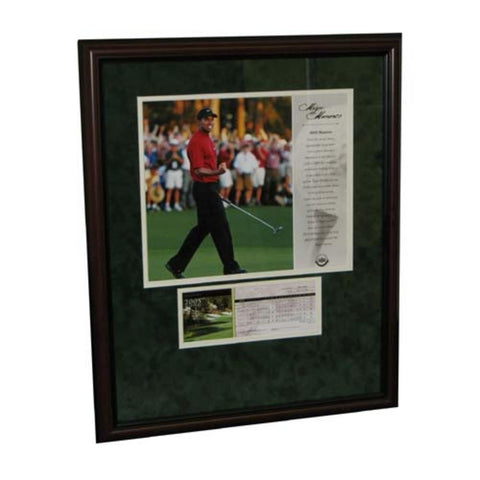 Tiger Woods 2005 Masters framed photo celebrating after 16th hole chip shot with replica scorecard.