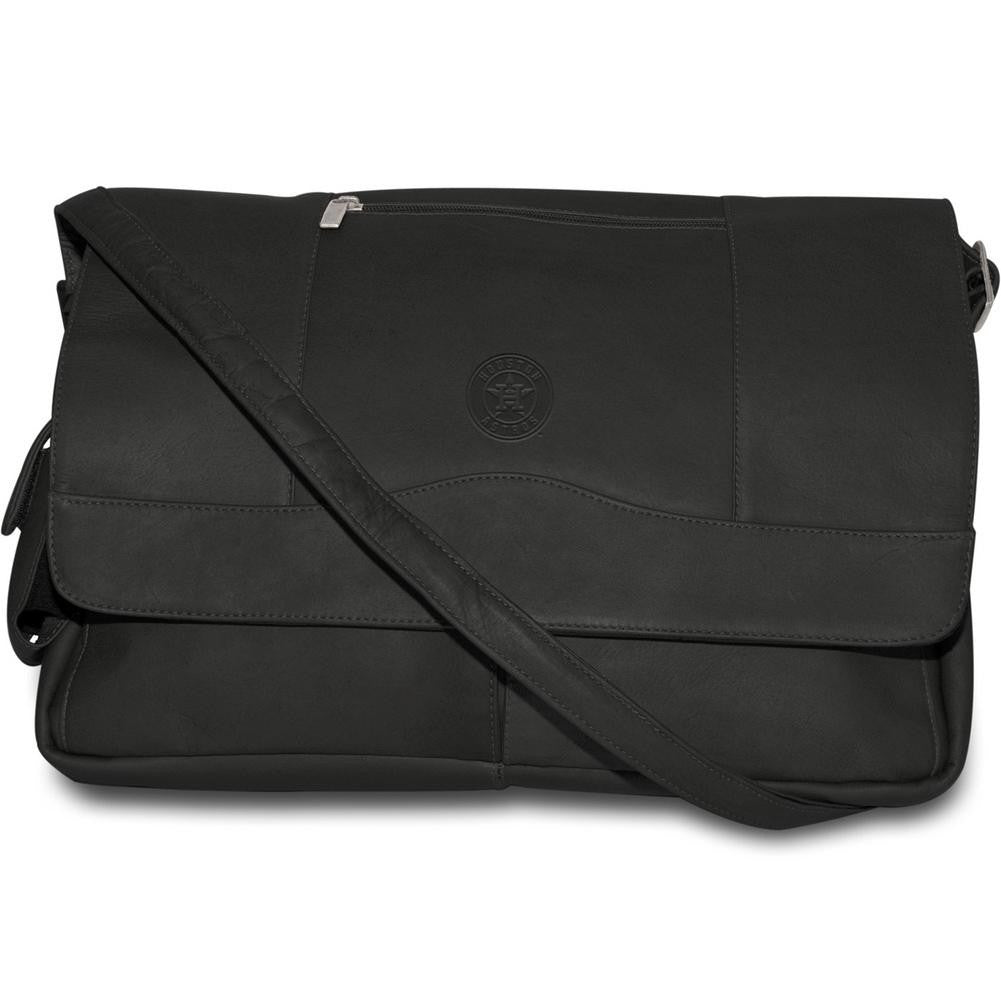 Pangea Black Leather Laptop Messenger Bag - Houston Astros