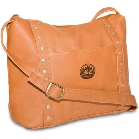Pangea Tan Leather Womens Top Zip Handbag - New York Mets