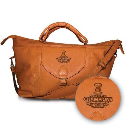 Pangea Tan Leather Top Zip Travel Bag - Stanley Cup Champions Boston Bruins