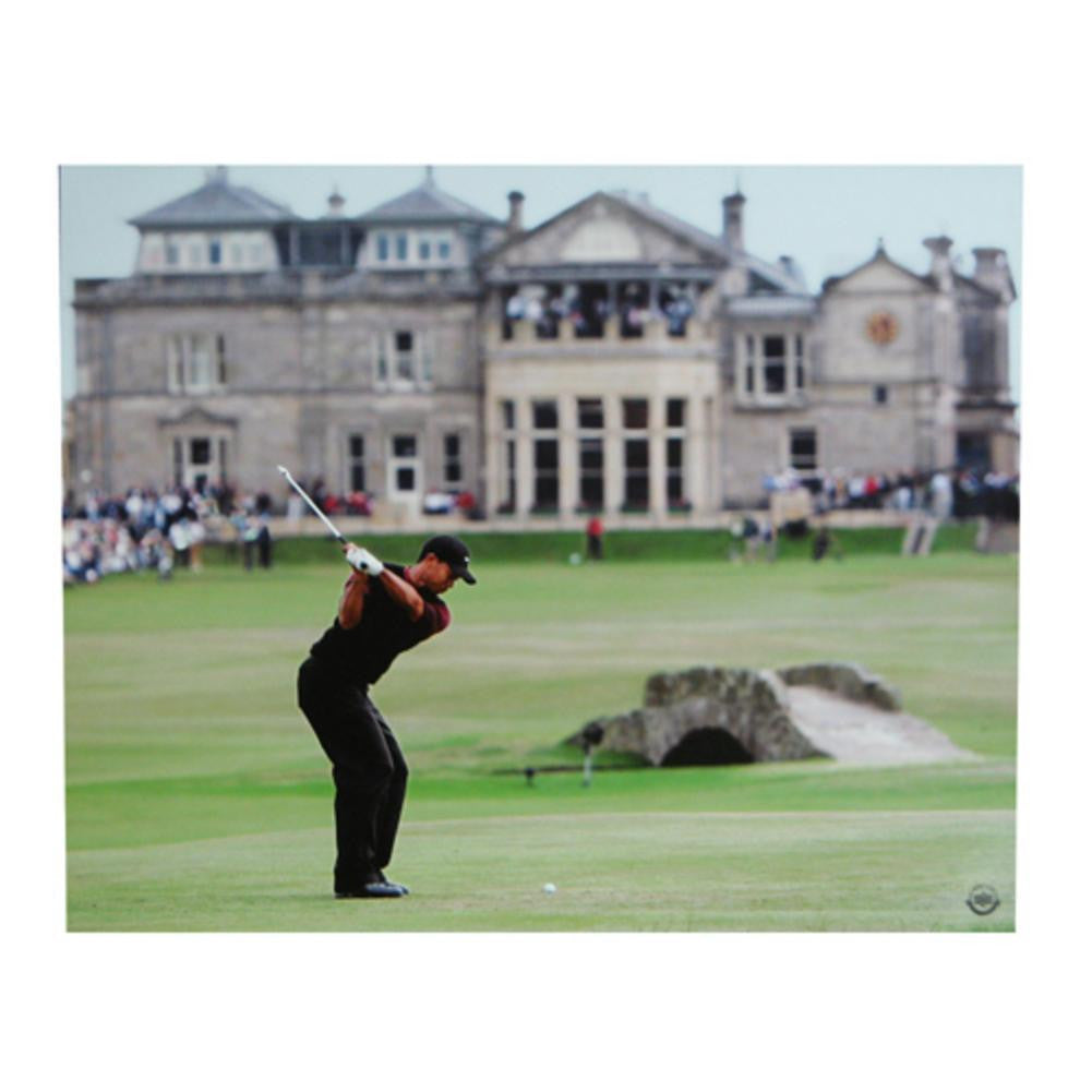 Tiger Woods 16-By-20-Inch Unframed Photo At The 2005 British Open Swinging In Front of The Famous Golf Club At St. Andrews In Scotland